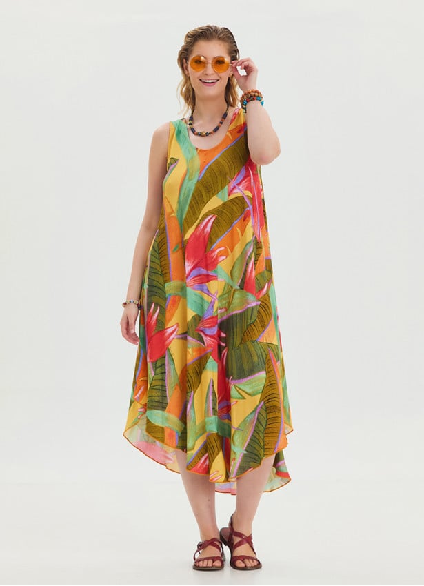 Boat Neck Loose Cut Yellow Authentic Dress 4666